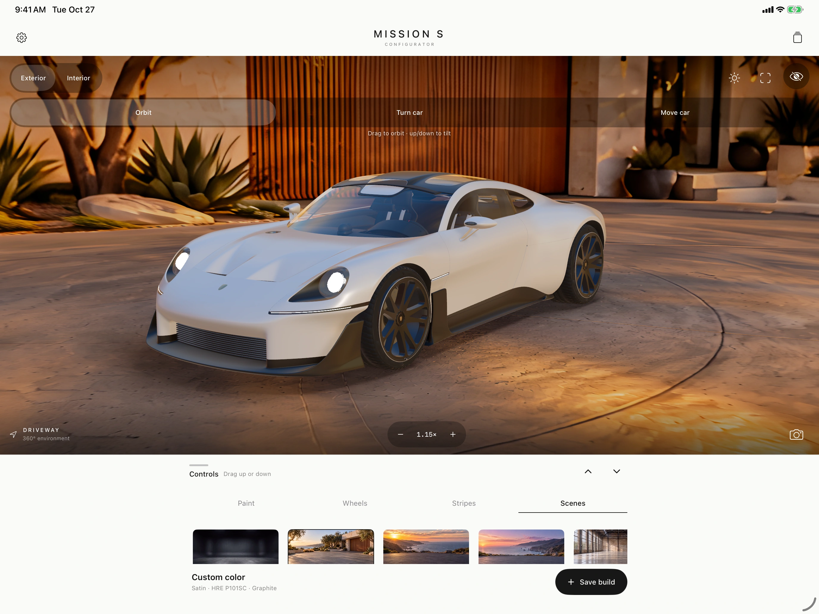 MissionS Configurator in light appearance on iPad with the driveway scene and scene selector