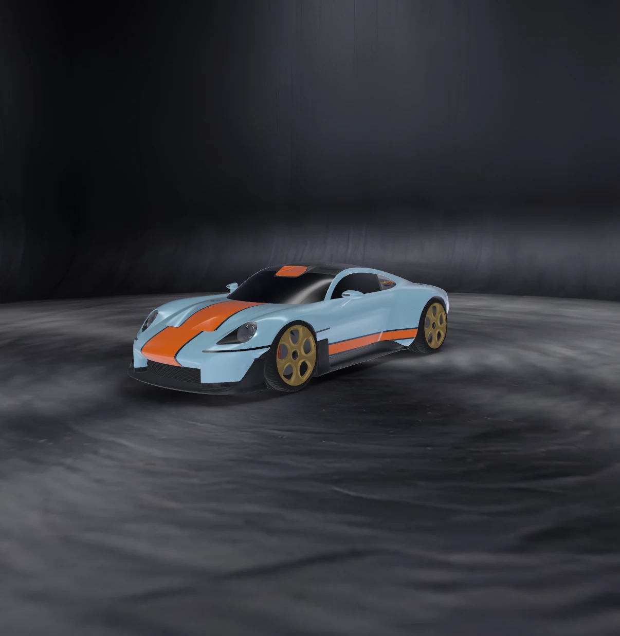 Mission S with blue and orange livery in the studio